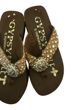 Womens Brown Embellished Rhinestone Flip Flop Sandals by Gypsy Soule